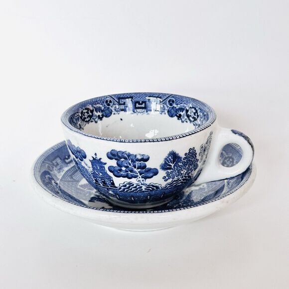 Vintage 40s Buffalo China Blue Willow Coffee Cup & Saucer Restaurant Ware China - Picture 3 of 14